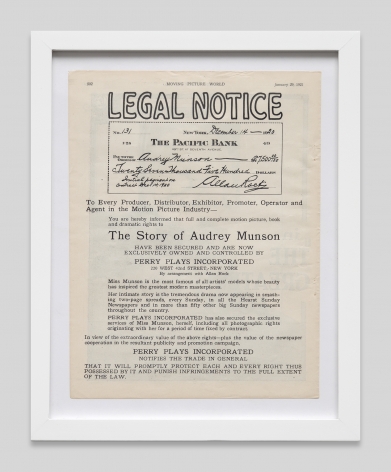 Legal notice of the sale to the rights of the story of Audrey Munson,&nbsp;Moving Picture World, January 29, 1921