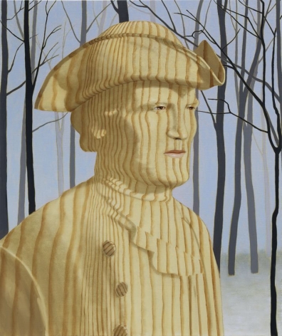 portrait of man in wood grain, a snowy forest is in the background.