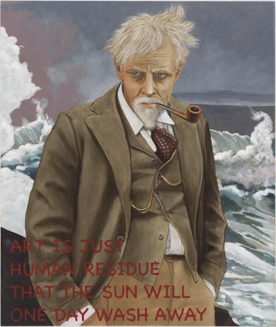 Portrait of a man in front of an angry looking ocean. Waves splash in the background. The man is wearing a suit and looks a  little disheveled as the wind is blowing through his hair. he has a pipe in his mouth. In the lower left hand corner, painted in red is text that reads, "Art is just human residue that the sun will one day wash away"