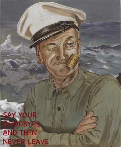 portrait of man with an angry sea in the background. his arms are crossed, he is winking, and smoking a pipe. in the lower left corner in red reads: Say your goodbyes and then never leave