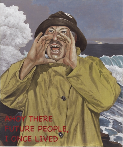 Portrait of a man in a yellow rain jacket. His hands are cupped around his mouth, he is yelling. the ocean is the back ground. in the lower left corner, there is test painted in red that reads "Ahoy there future people, I once lived."