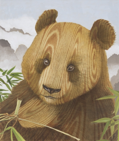 painting of a a panda surrounded by some bamboo, mountains are in the background. Instead of fur, the panda is painted in a wood grain.