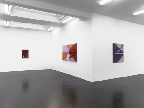 installation image of three paintings hanging on a wall. one is small and red, the middle is larger and made of pink, orange and red lines and color blocking, the third is purple and gray. all three hang on white walls.