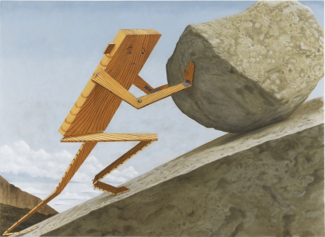 Horizontally oriented painting of Plank Boy painting  pushing a large rock up a steep rock incline.