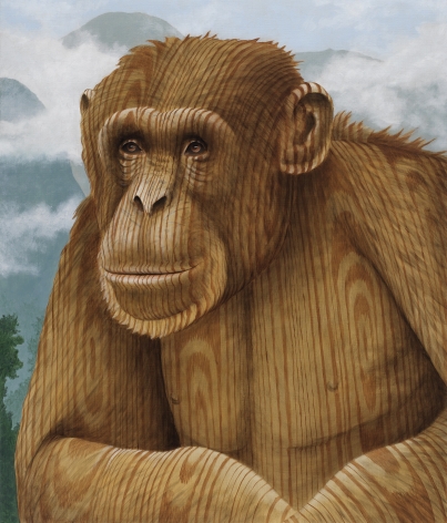 Portrait of a chimpanzee, instead of a fur it is painted in a wood grain.