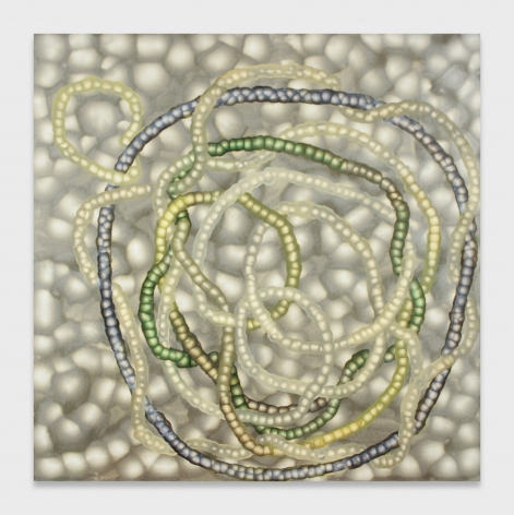 Greenish-gray cell painting with overlapping blue, yellow and green circles in the foreground.
