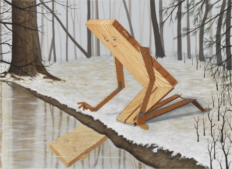 A horizontal painting of Plank Boy kneeling in snow in a forest staring at their reflection in a stream.