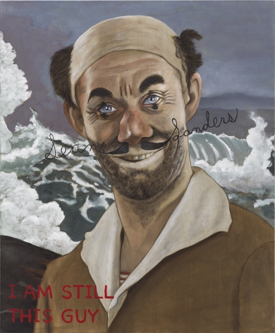Portrait of man with ocean and crashing waves in the background. He looks like a clown and has a mustache. the mustache extends into cursive writing on each side reading "sean Landers". in the lower left corner in painted in red is text that reads "I am still this guy".