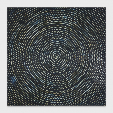 One of Ross Bleckner's Dome paintings from 1993. the background is black and the light yellow, blue and white dots spiral out from the center of the canvas.